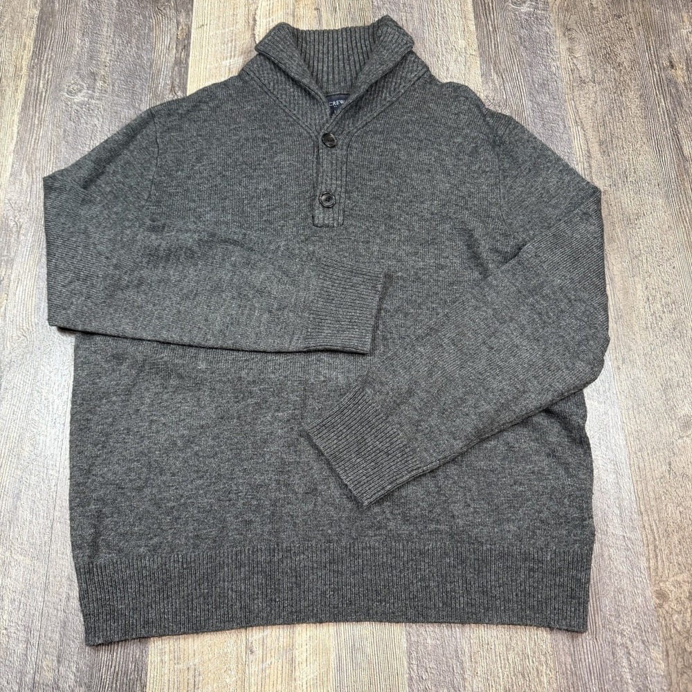 J Crew Shawl Collar Sweater Mens Large Gray Lambswool Blend Button Neck Pullover